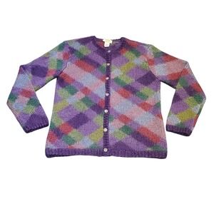 Vintage Talbots Hand Knit Mohair Cardigan Sweater 90s Argyle Abstract Large